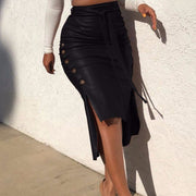 Women's Solid Color Hip Wrap Side Button Slit Leather Skirt