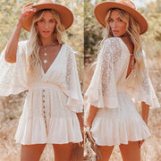 Womens White Lace Doll Sleeve V-Neck Summer Sexy Dress