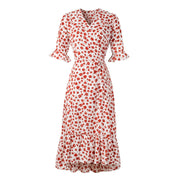 Women V-Neck Chiffon Floral Ruffle Short Sleeve Dress