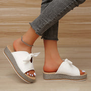 Womens Faux Leather Bow Platform Open Toe Wedge Sandals