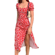 Women's Low-cut Square Neck Floral Print Puff Sleeve High Split Dress