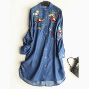 Women Long Sleeve Embroidery Floral Button Casual Denim Dress