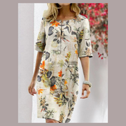 Women O-neck Half Sleeve Floral Print Retro Linen Dress